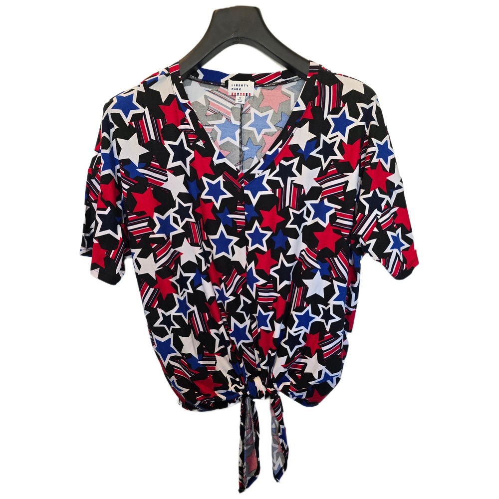 Liberty Park Womens Patriotic Stars Stripes Tie Front VNeck Top Red White Blue M